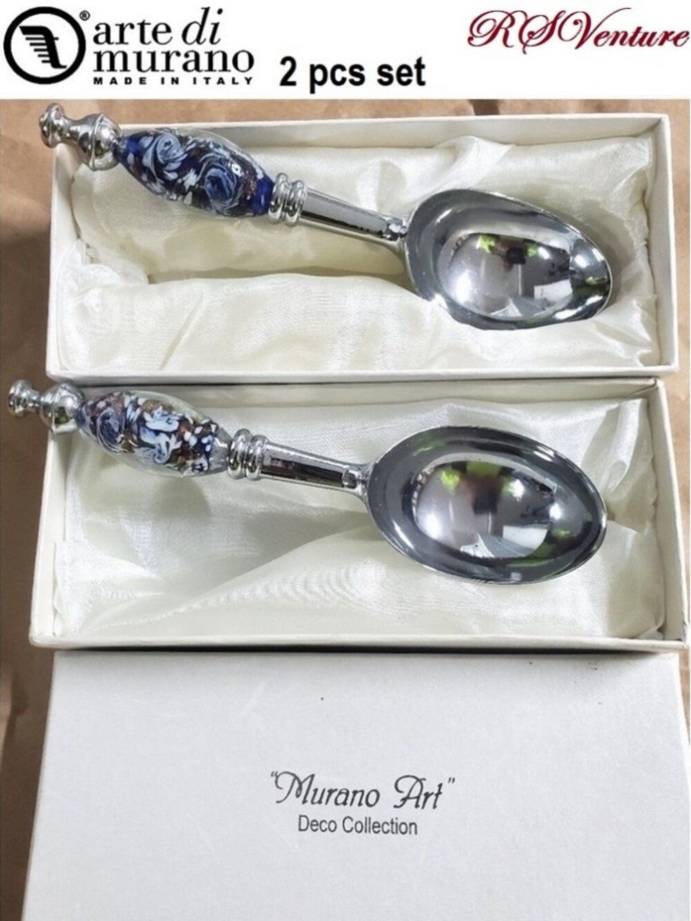 2 Murano Art Blue and White Ice Cream Scooper.